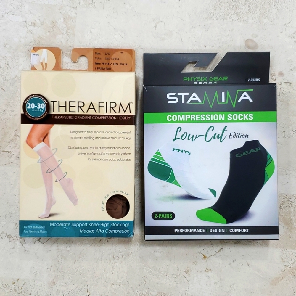 2 pairPhysix Compression low cut Socks size L/XL & Therafirm compression knee hi